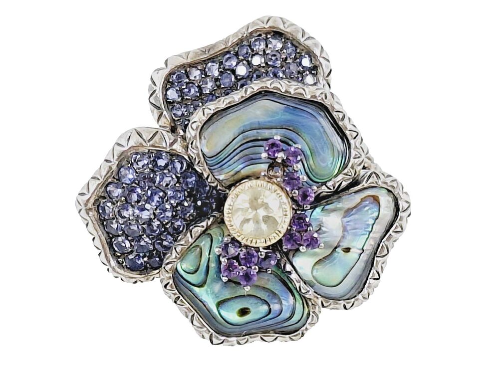 Barbara Bixby Sterling Silver 18K Gold Abalone Floral Pansy Ring Size 7.75 925
